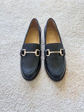 J. Crew Black Leather Loafers with Gold Horsebit